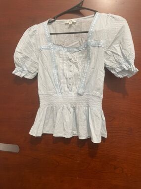 mine Pale Blue Striped Puff Sleeve Peplum Top